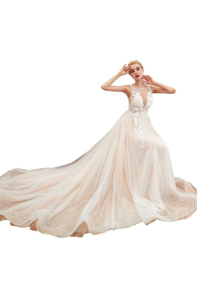 Illusion Neck Champagne Wedding Dress Sleeveless Summer Bridal Gown