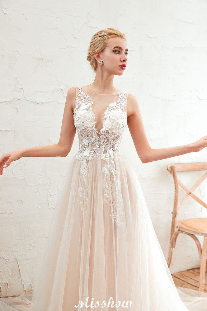 Illusion Neck Champagne Wedding Dress Sleeveless Summer Bridal Gown