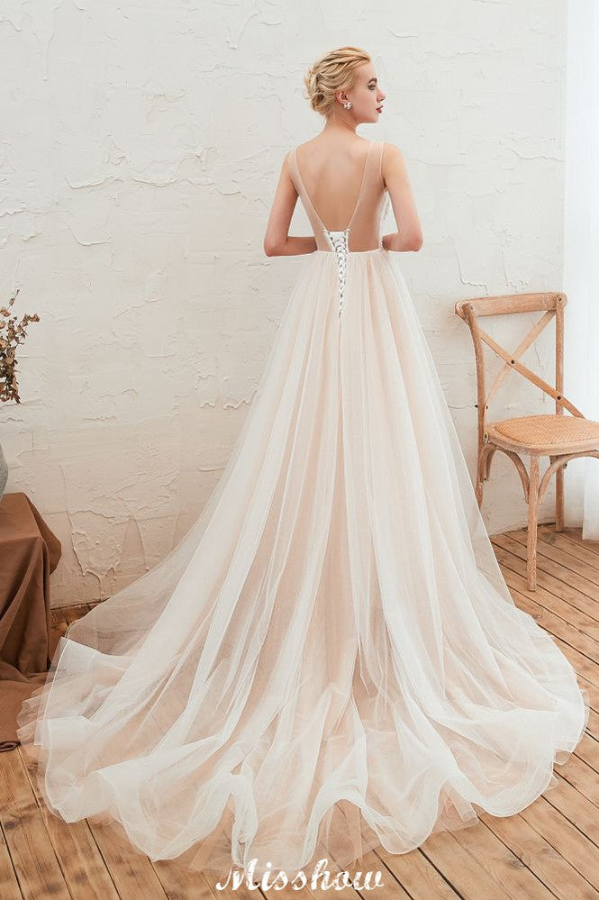 Illusion Neck Champagne Wedding Dress Sleeveless Summer Bridal Gown
