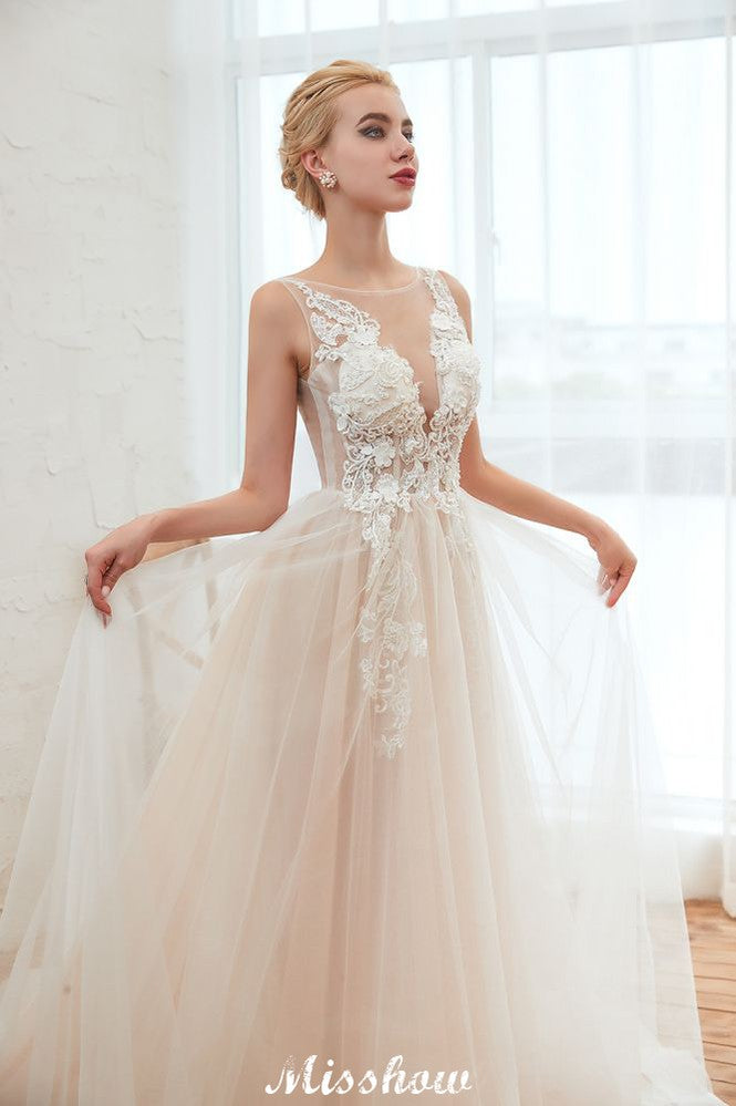 Illusion Neck Champagne Wedding Dress Sleeveless Summer Bridal Gown