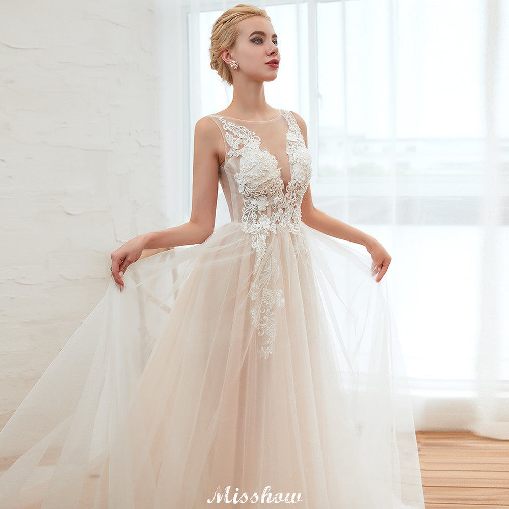Champagner Brautkleid mit Illusionsausschnitt, ärmellos, Sommer-Brautkleid