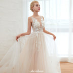 Champagner Brautkleid mit Illusionsausschnitt, ärmellos, Sommer-Brautkleid
