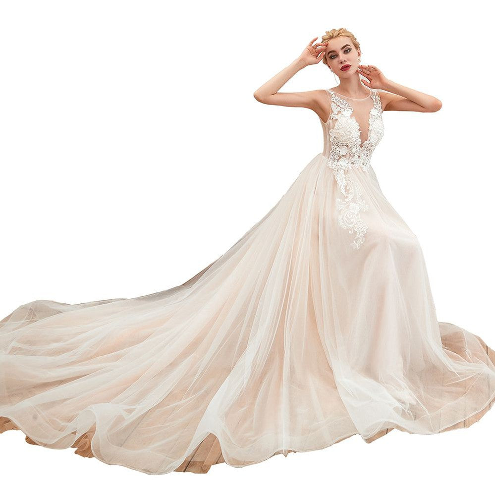 Champagner Brautkleid mit Illusionsausschnitt, ärmellos, Sommer-Brautkleid