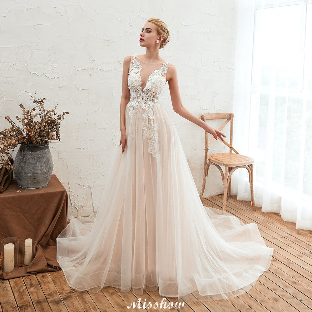 Champagner Brautkleid mit Illusionsausschnitt, ärmellos, Sommer-Brautkleid
