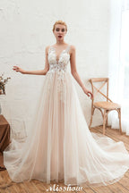 Champagner Brautkleid mit Illusionsausschnitt, ärmellos, Sommer-Brautkleid