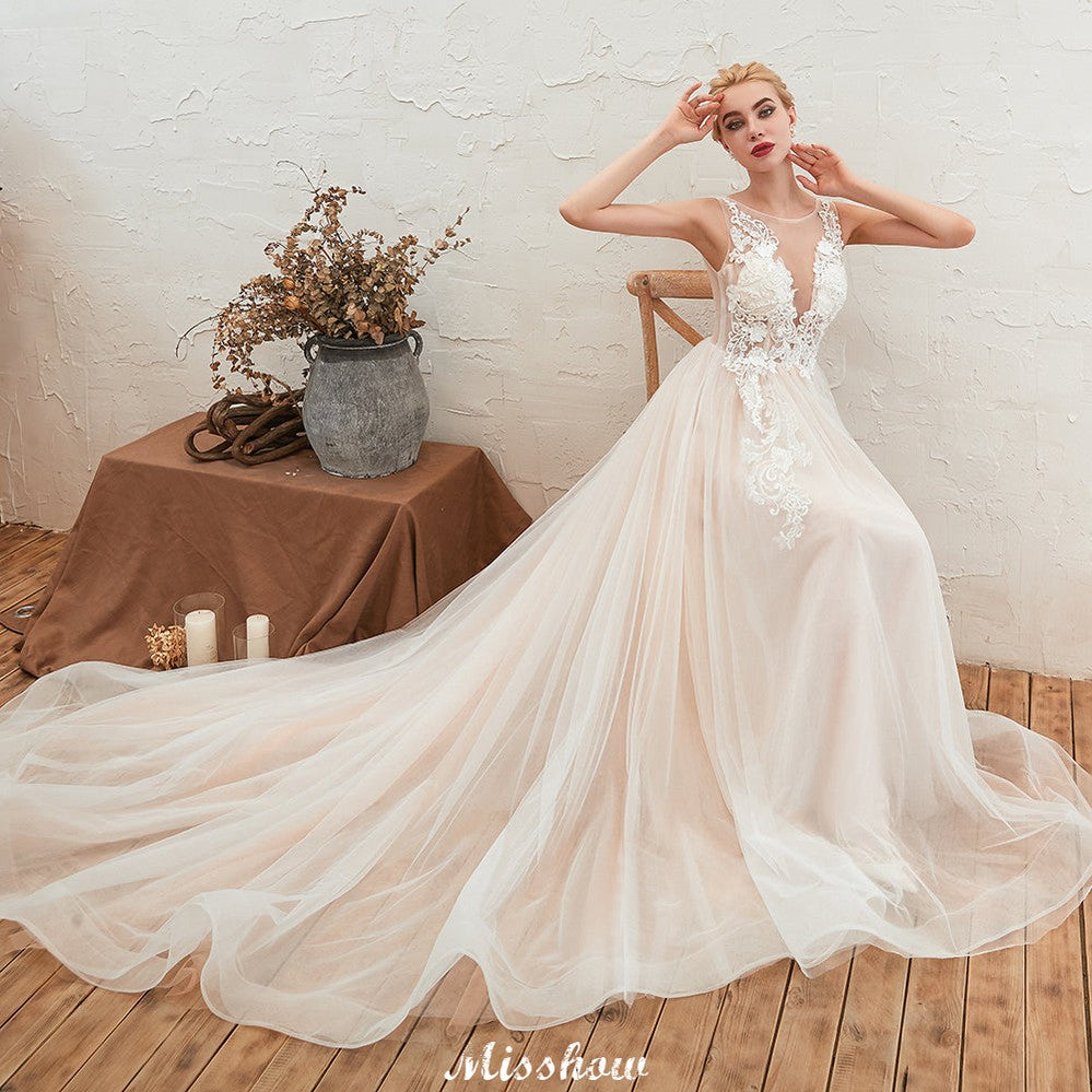 Champagner Brautkleid mit Illusionsausschnitt, ärmellos, Sommer-Brautkleid