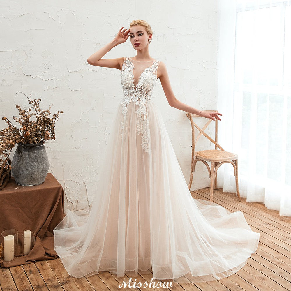 Champagner Brautkleid mit Illusionsausschnitt, ärmellos, Sommer-Brautkleid