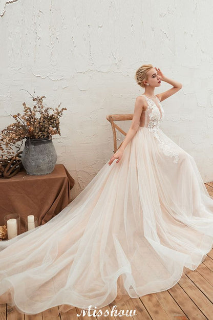 Illusion Neck Champagne Wedding Dress Sleeveless Summer Bridal Gown