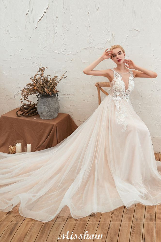 Illusion Neck Champagne Wedding Dress Sleeveless Summer Bridal Gown