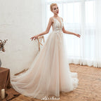 Champagner Brautkleid mit Illusionsausschnitt, ärmellos, Sommer-Brautkleid