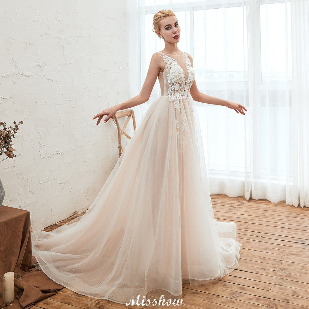 Champagner Brautkleid mit Illusionsausschnitt, ärmellos, Sommer-Brautkleid