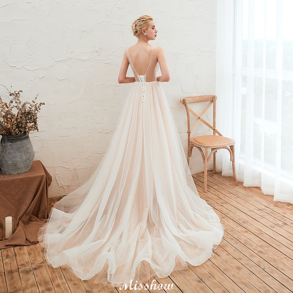 Champagner Brautkleid mit Illusionsausschnitt, ärmellos, Sommer-Brautkleid