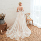 Champagner Brautkleid mit Illusionsausschnitt, ärmellos, Sommer-Brautkleid