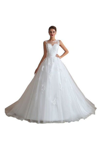 Illusion Neck White Wedding Dress Sleeveless Lace Appliques Bridal Gown online