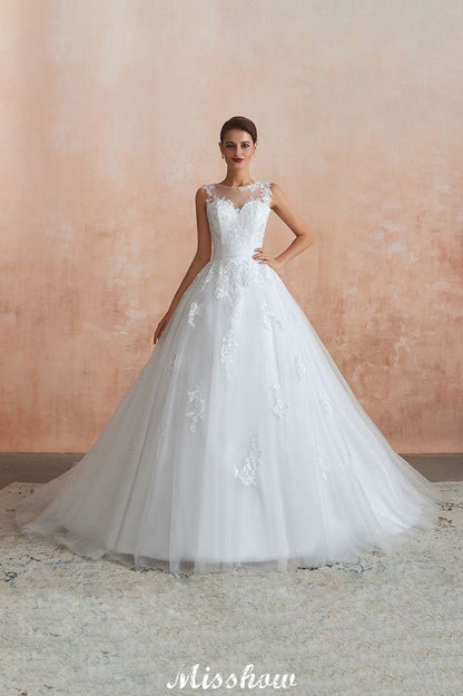 Illusion Neck White Wedding Dress Sleeveless Lace Appliques Bridal Gown online