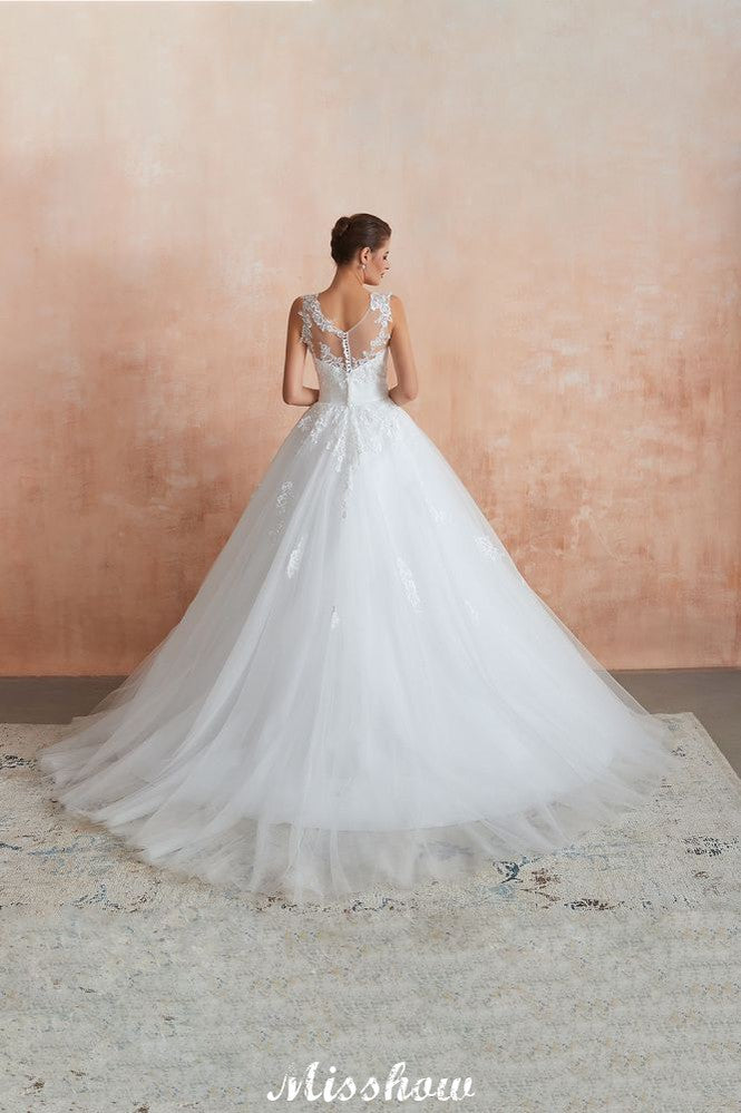 Weißes Brautkleid mit Illusionsausschnitt und ärmellosen Spitzenapplikationen online