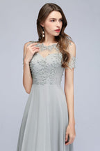 Illusion Neckline Long Appliques Chiffon Prom Dresses