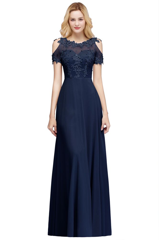 Illusion Neckline Long Appliques Chiffon Prom Dresses