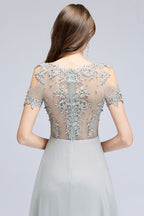 Illusion Neckline Long Appliques Chiffon Prom Dresses