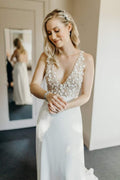 Illusion V-Neck A-line Beach Wedding Dress Chaple Train Sheath Bridal Gown   WD423