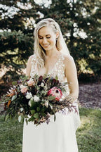 Illusion V-Neck A-line Beach Wedding Dress Chaple Train Sheath Bridal Gown   WD423
