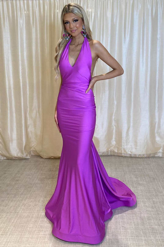 Ilse | Purple Halter Open Back Trumpet Long Formal Dress