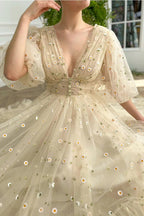 A-line V Neck Sea of Daisies Dress Engagement Ankle Length Half Sleeve High Neck Tulle with Buttons Pleats