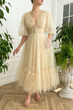 A-line V Neck Sea of Daisies Dress Engagement Ankle Length Half Sleeve High Neck Tulle with Buttons Pleats