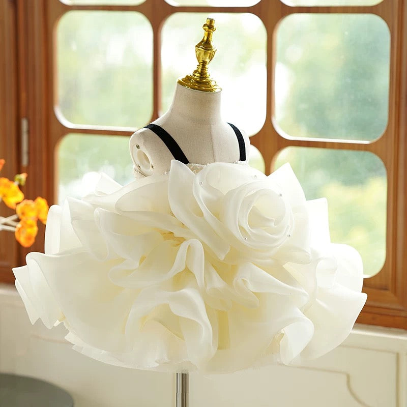 Vestido de organza con flores 3D hasta la rodilla para fiesta de primer cumpleaños de niña