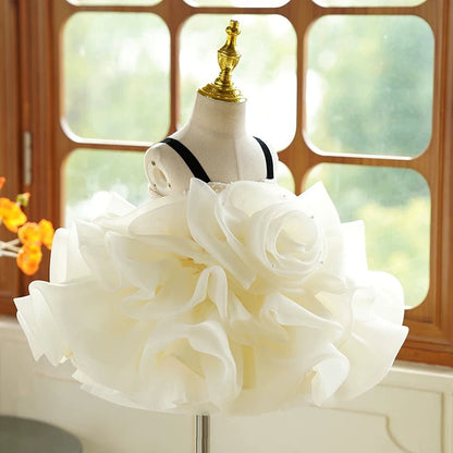 Vestido de organza con flores 3D hasta la rodilla para fiesta de primer cumpleaños de niña