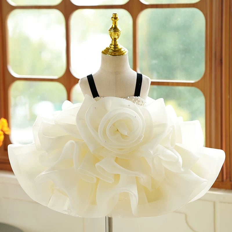 Vestido de organza con flores 3D hasta la rodilla para fiesta de primer cumpleaños de niña