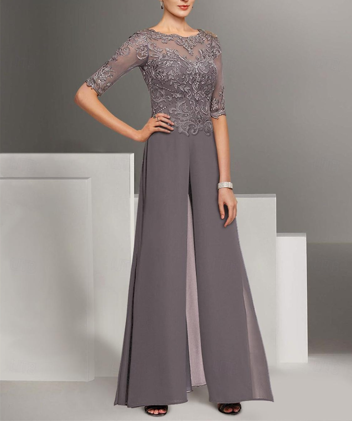 Chiffon-Halbarm-Hosenanzüge für die Brautmutter mit Spitze 