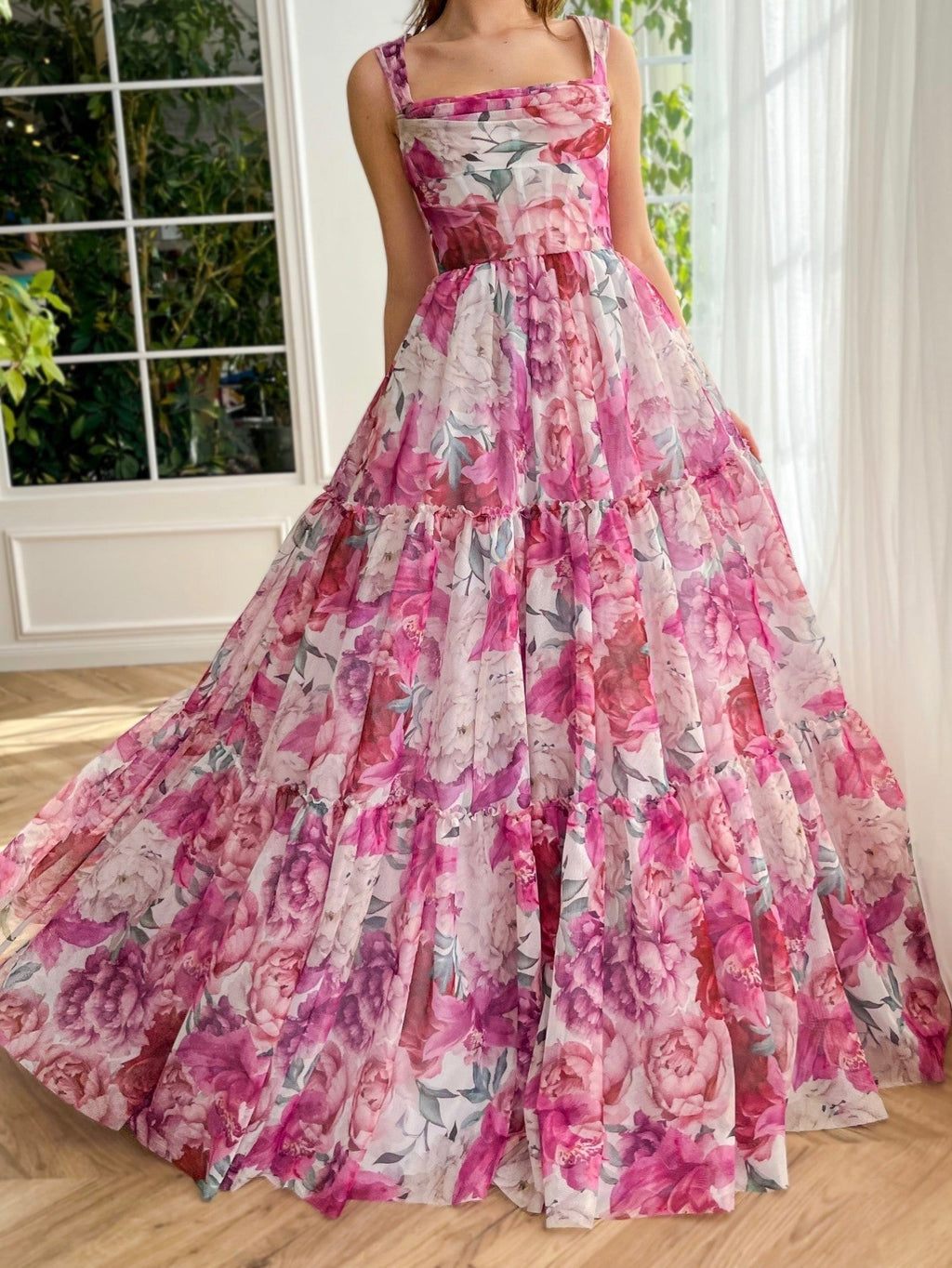 Vestido de fiesta largo rosa con estampado floral de corte A 