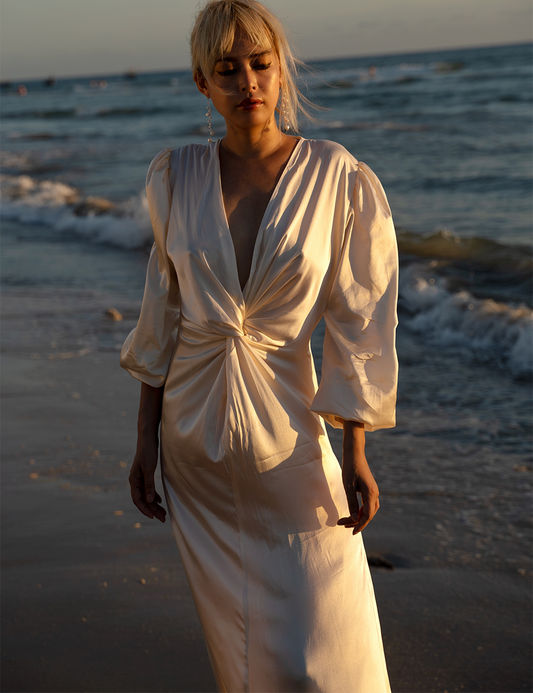 100% Mulberry Silk Jayda Dress Gown Champage White