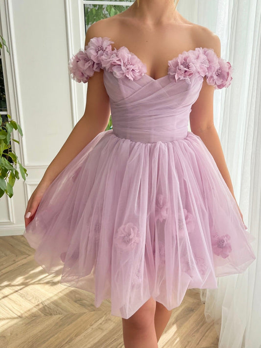Rubí | Vestido de fiesta corto de tul sin tirantes y corsé color lila