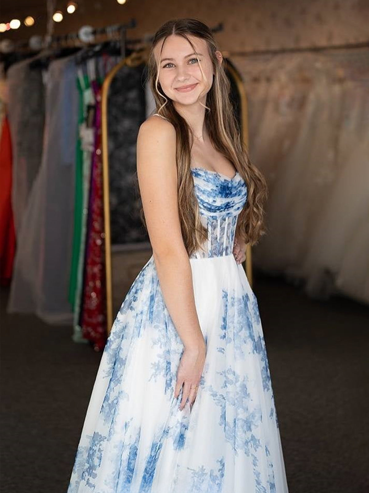 Inez | A-Line Strapless Blue Floral Print Long Prom Dresses