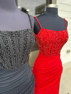 Iolanthe | Mermaid Square Neck Red Beaded Long Prom Dress with Slit