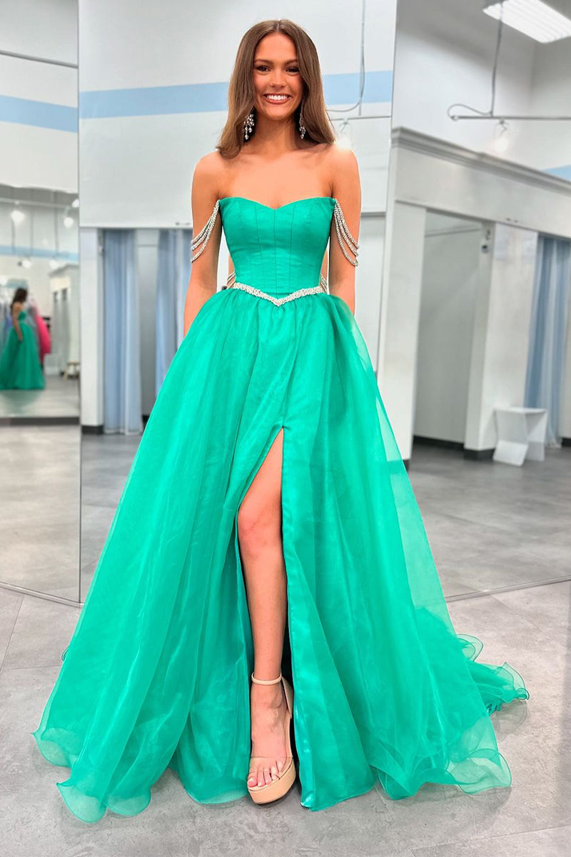 Ivayla | Vestido de fiesta largo sin tirantes de tul verde con cuentas y abertura