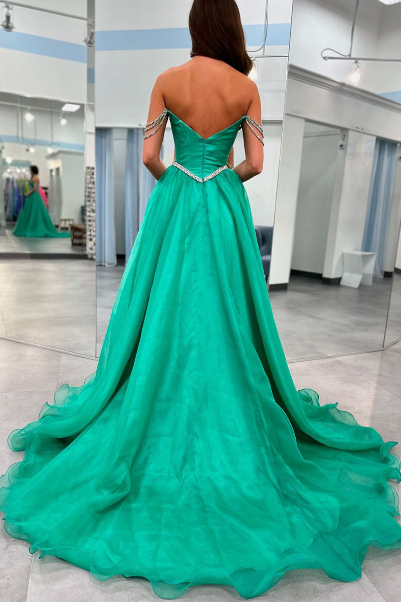 Ivayla | Vestido de fiesta largo sin tirantes de tul verde con cuentas y abertura