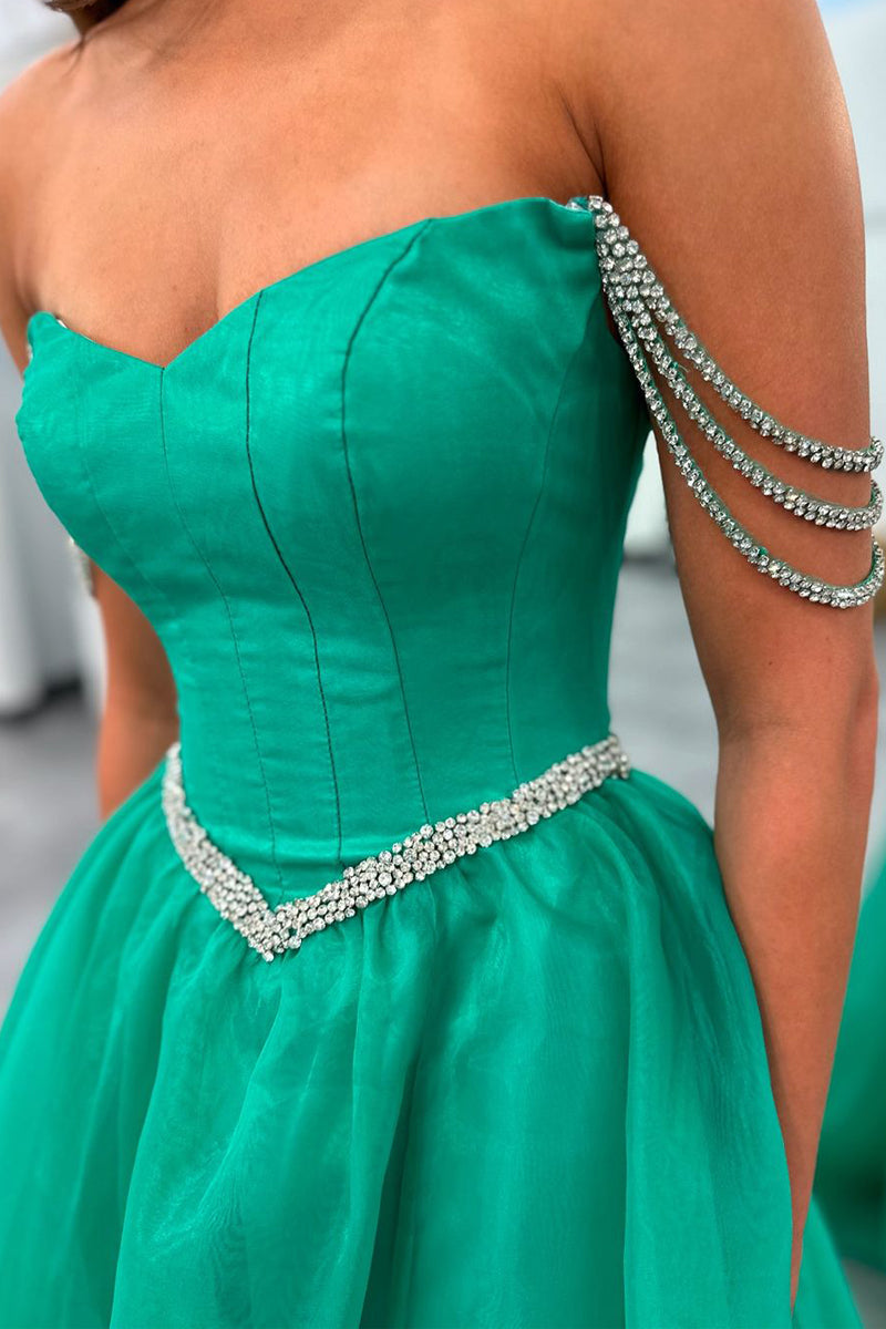 Ivayla | Vestido de fiesta largo sin tirantes de tul verde con cuentas y abertura