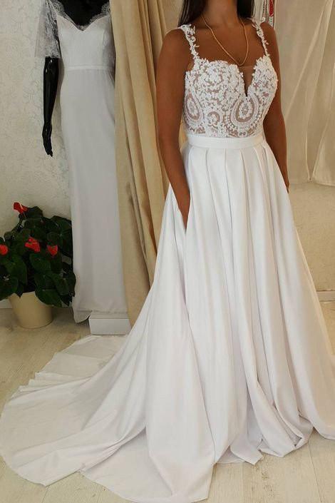 Ivory Beach Long A-line Sweetheart Chiffon Wedding Dress with Pockets