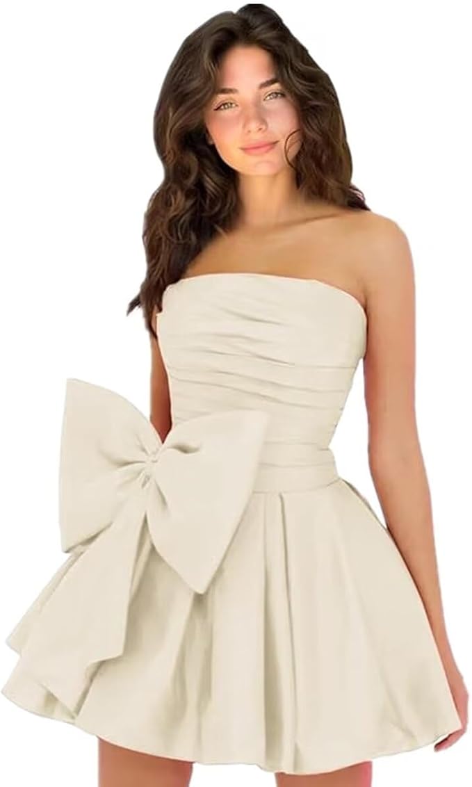 Vestidos de fiesta cortos y elegantes de corte A, sin mangas, sin tirantes, fruncidos, con cordones y lazo