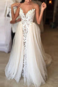 Ivory Long A-line Sweetheart Lace Tulle Wedding Dress