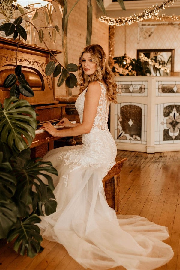 Ivory Long Mermaid V-neck Straps Tulle Lace Wedding Dress with Ruffles