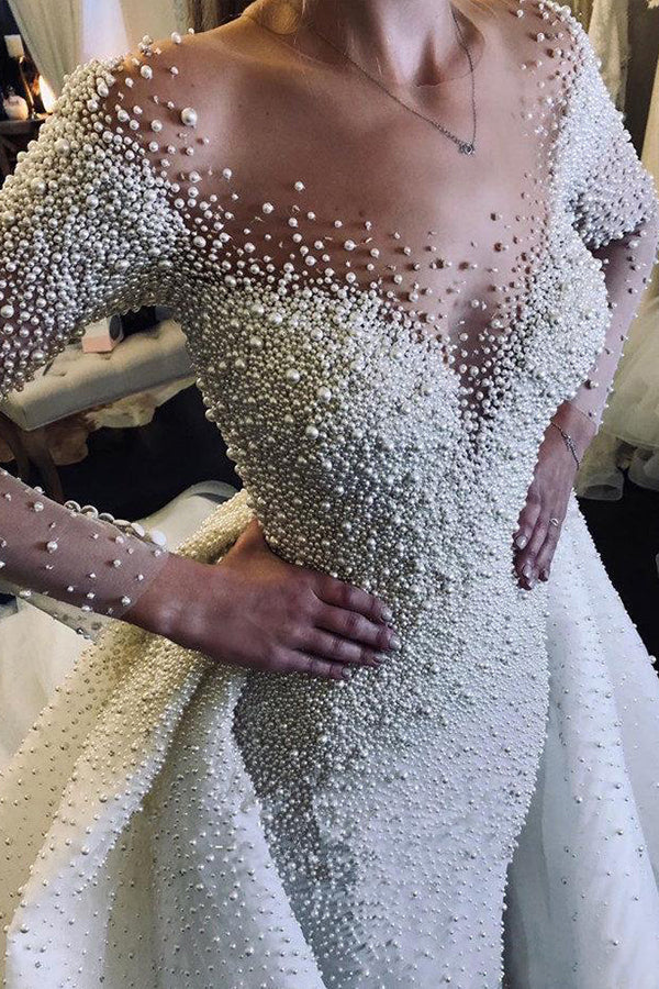 Ivory Long Sleeves Despatchable Train V-neck Button Wedding Dress with Fully coverd Pearls
