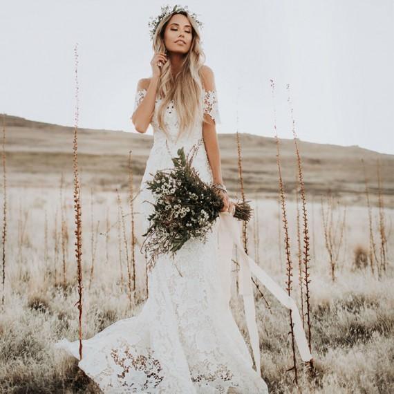 Vestido de novia de encaje sirena color marfil con escote palabra de honor, vestido de novia playero WD288