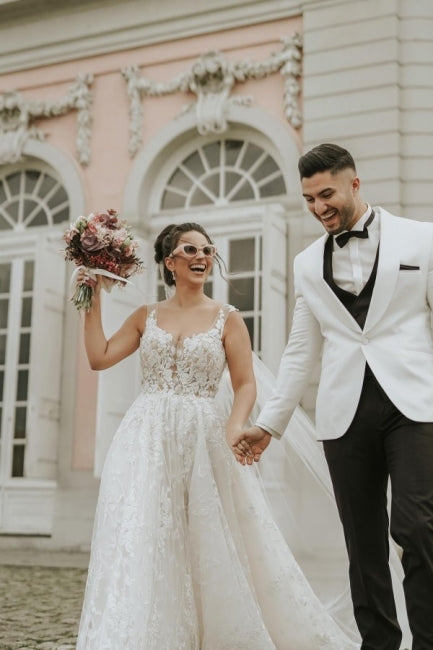 Ivory Sleeveless Straps A-Line Wedding Dress with Chapel Train