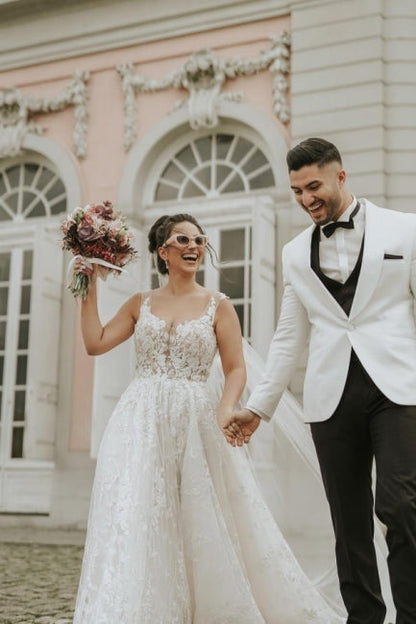 Ivory Sleeveless Straps A-Line Wedding Dress with Chapel Train