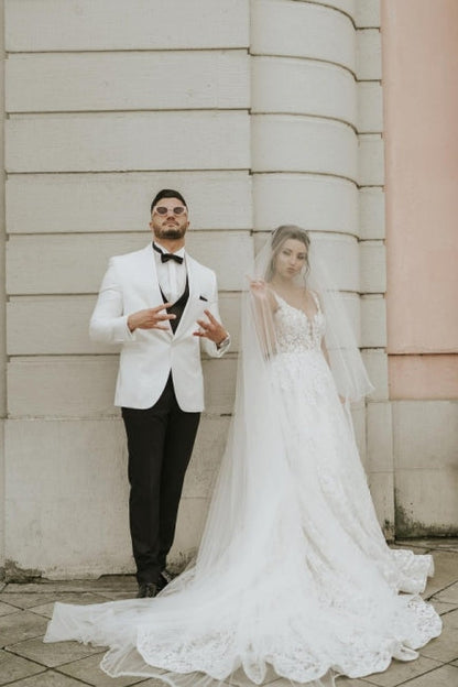 Ivory Sleeveless Straps A-Line Wedding Dress with Chapel Train