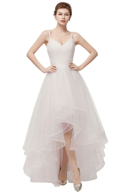 Vestidos de novia color marfil con escote en forma de corazón, corte A, corte alto-bajo, tul espagueti y volantes